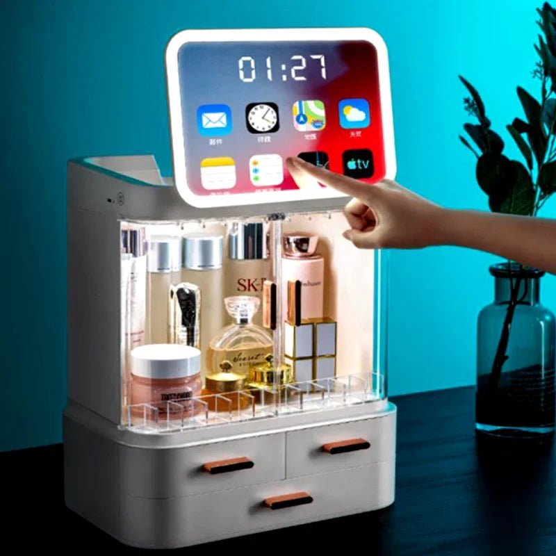 Cosmetic Storage Box Desktop Accessories Skin Care Products Waterproof Storage Rack Dustproof LED Makeup Mirror Bathroom Storage - Smith Beauty Store