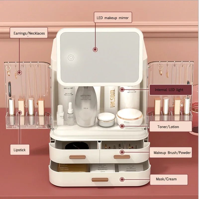 Cosmetic Storage Box Desktop Accessories Skin Care Products Waterproof Storage Rack Dustproof LED Makeup Mirror Bathroom Storage - Smith Beauty Store