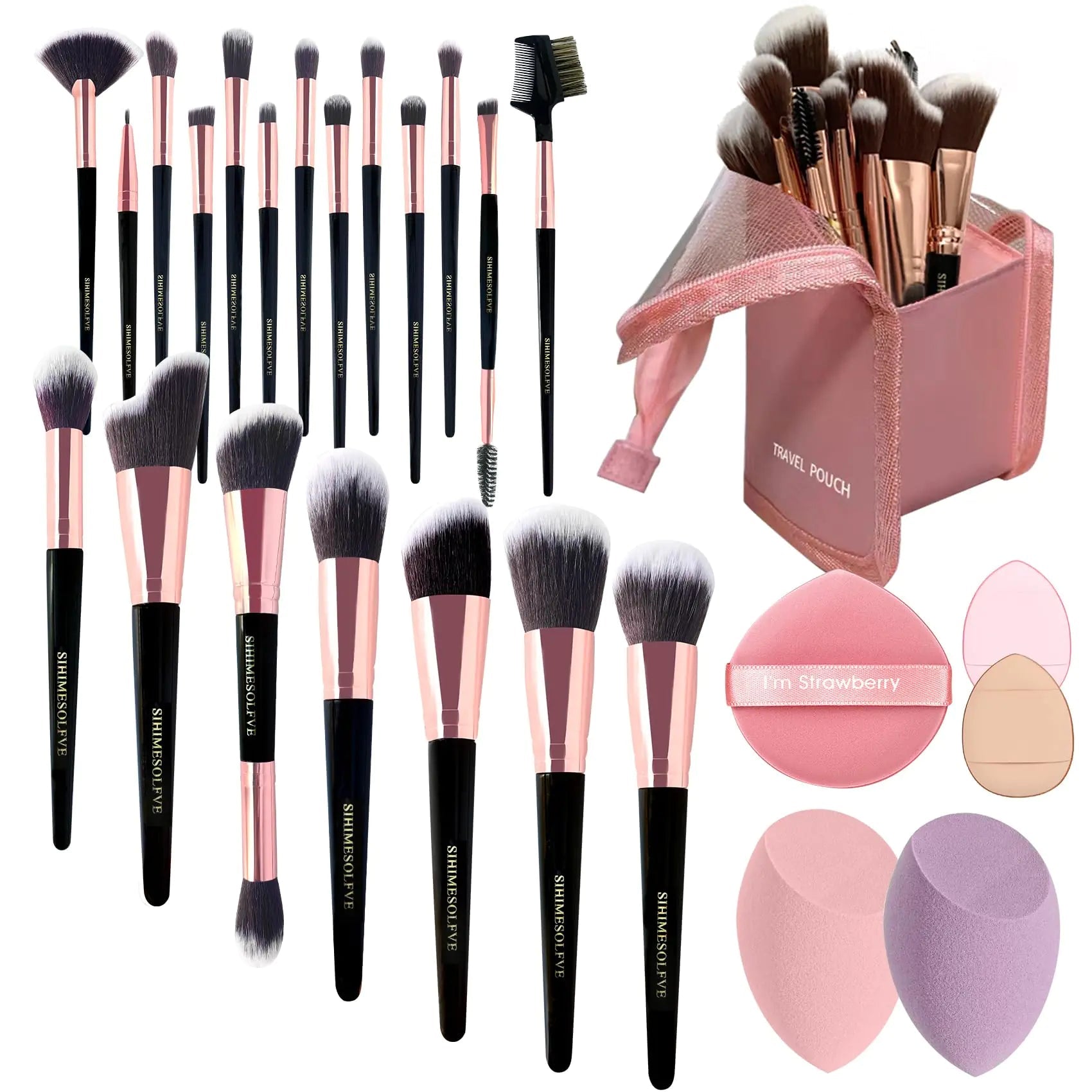 23Pcs Professional Eye & Face Makeup Brush Set + Bag, Cleaner, 2 Sponges - Complete Makeup Kit - Smith Beauty Store